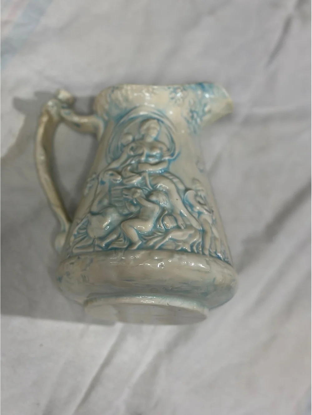 Vintage Ceramic Pitcher with Raised Relief Design